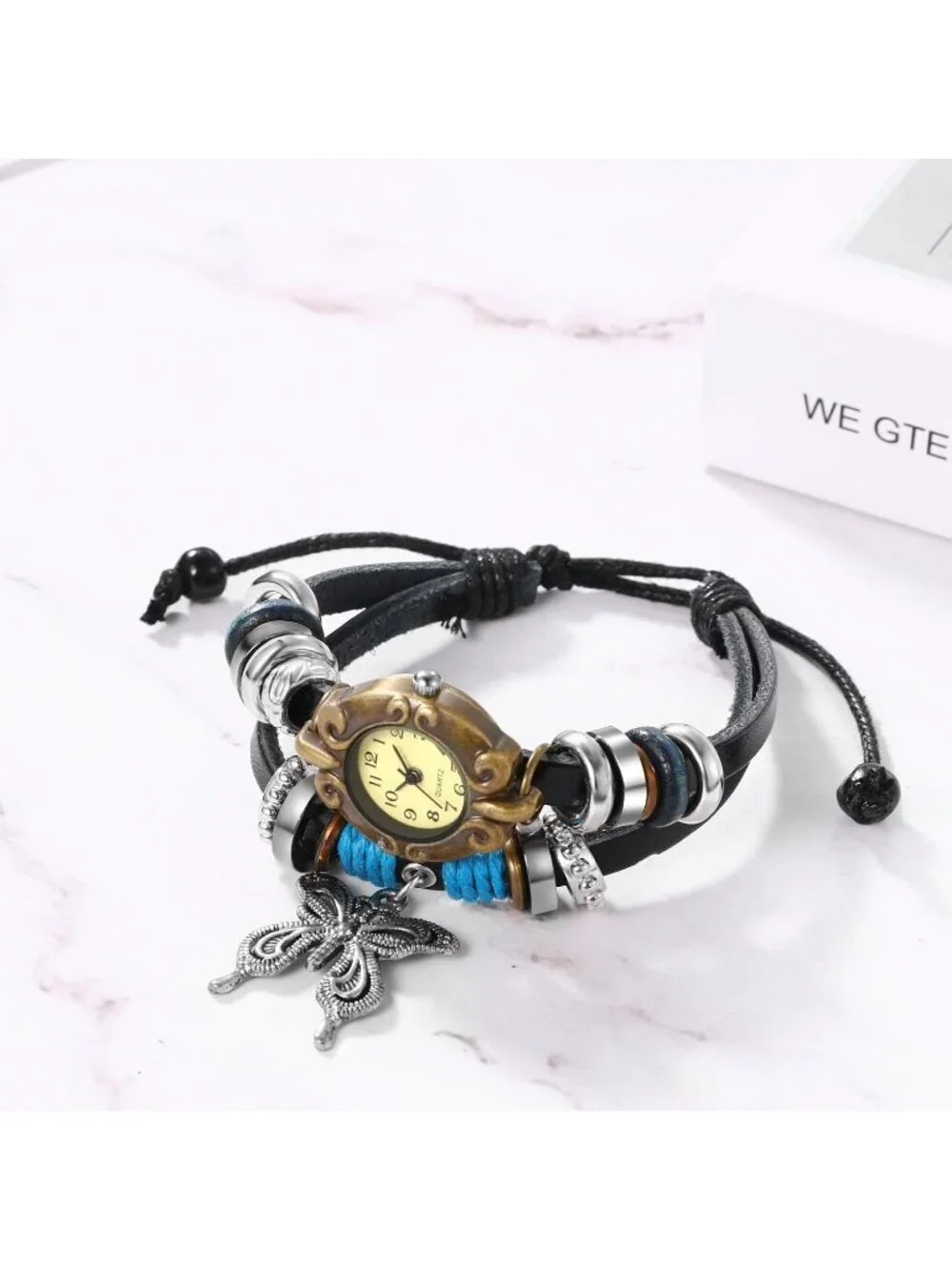 Women Black Blue Analog Butterfly Bracelet Weave Wrap Around Leather Wrist Watch